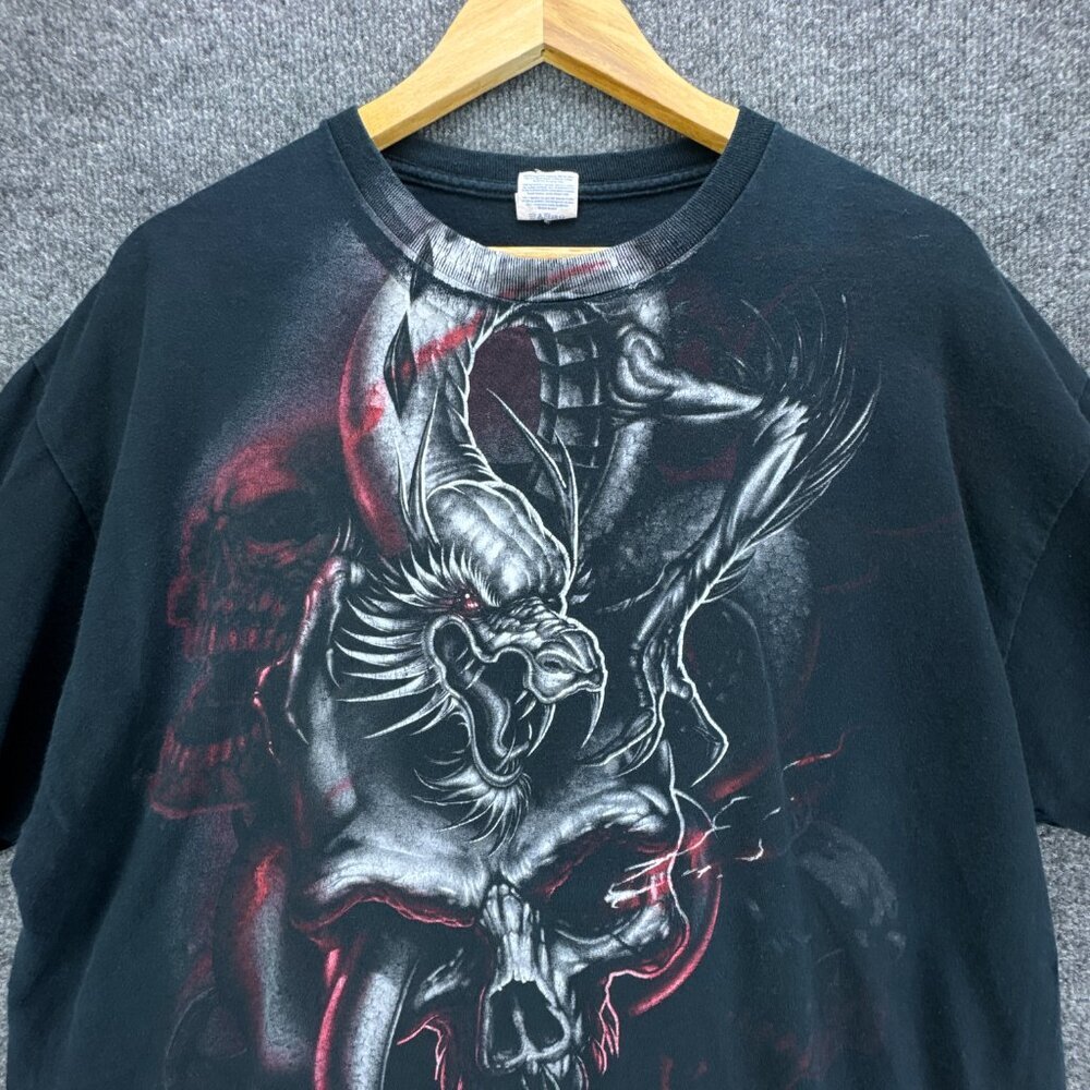 Dragon Skull T Shirt Mens Extra Large Black Red Grunge Punk Goth AOP Gildan - Picture 2 of 11